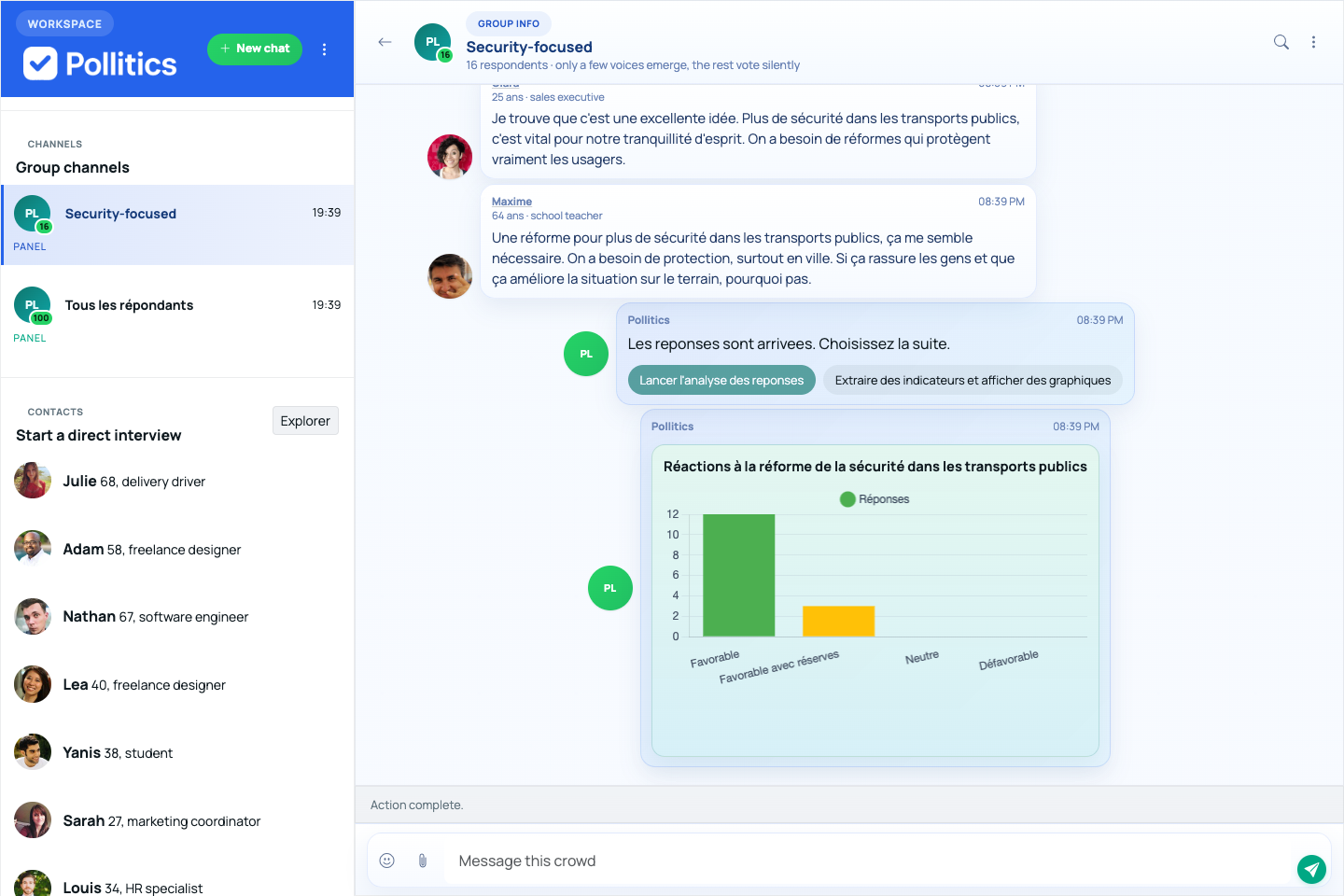 Pollitics workspace screenshot showing a synthetic panel conversation and live analytics
